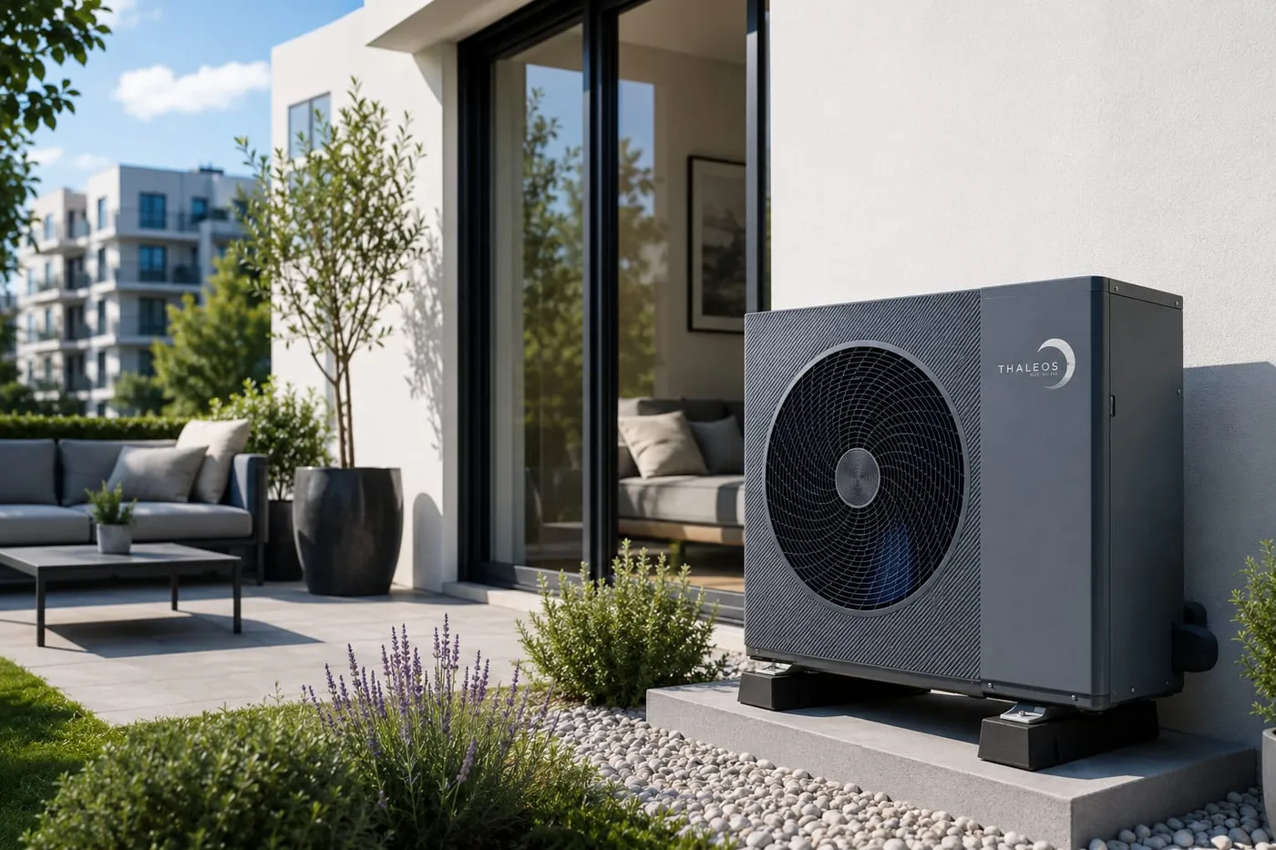 Pompe à chaleur installée en extérieur sur terrasse d'habitation moderne - rénovation énergétique avec MaPrimeRénov' et CEE par le réseau Be Nergie