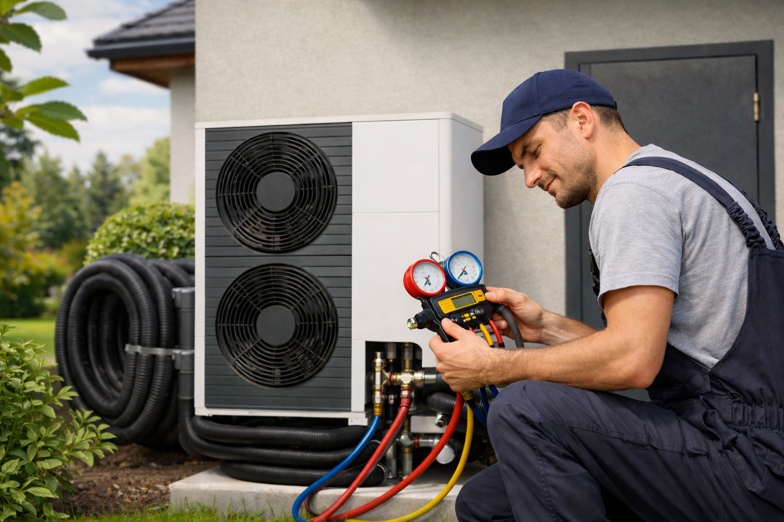 Artisan RGE QualiPAC installant une pompe à chaleur air-eau dans une maison individuelle - rénovation énergétique avec MaPrimeRénov' et CEE par le réseau Be Nergie