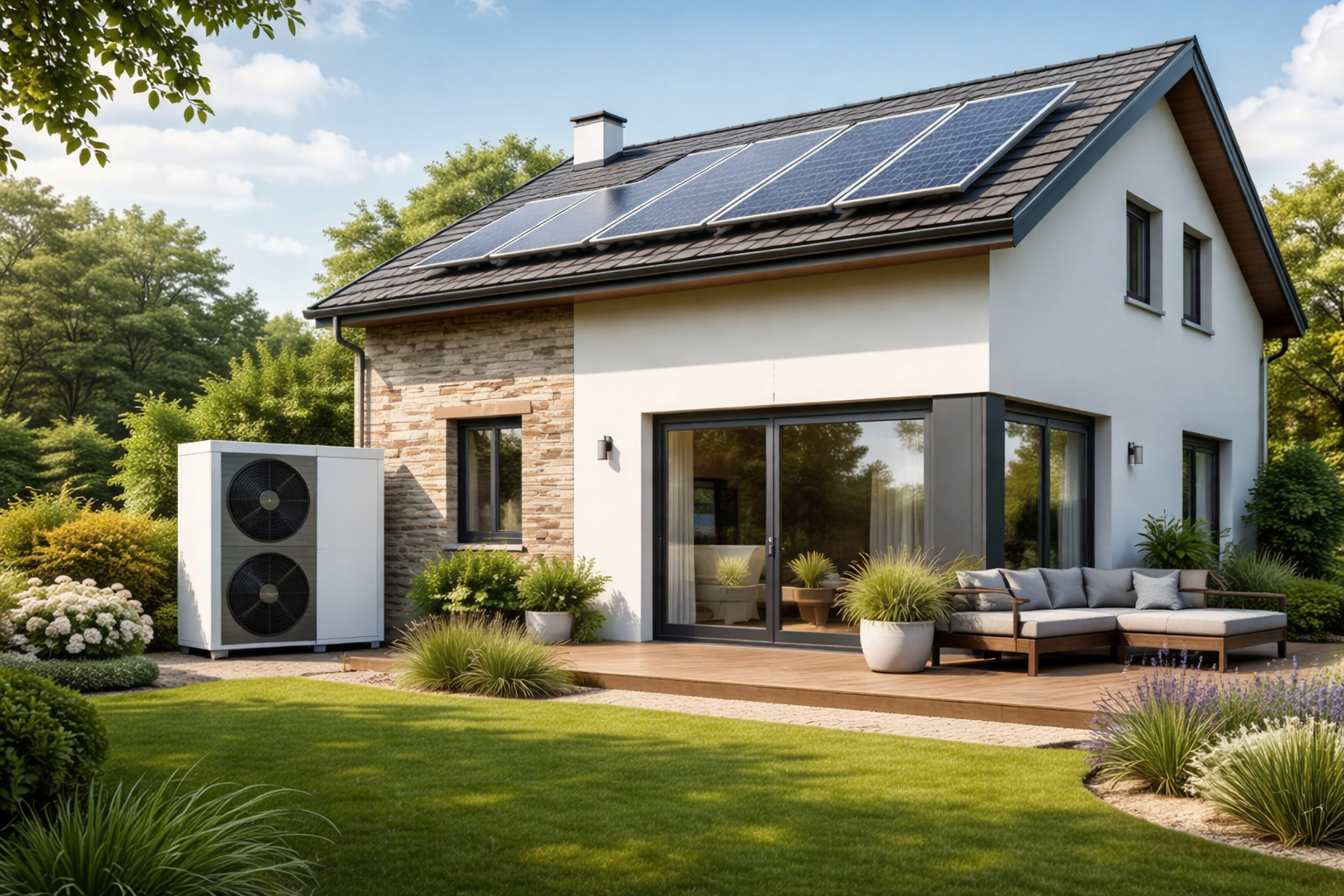 Maison individuelle rénovée énergétiquement avec pompe à chaleur air-eau et panneaux solaires photovoltaïques en toiture