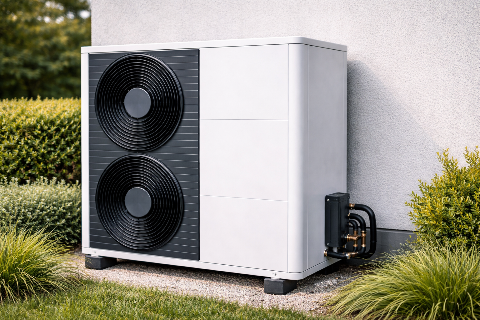 Unité extérieure de pompe à chaleur air-eau installée sur la façade d'une maison individuelle, éligible MaPrimeRénov' et CEE