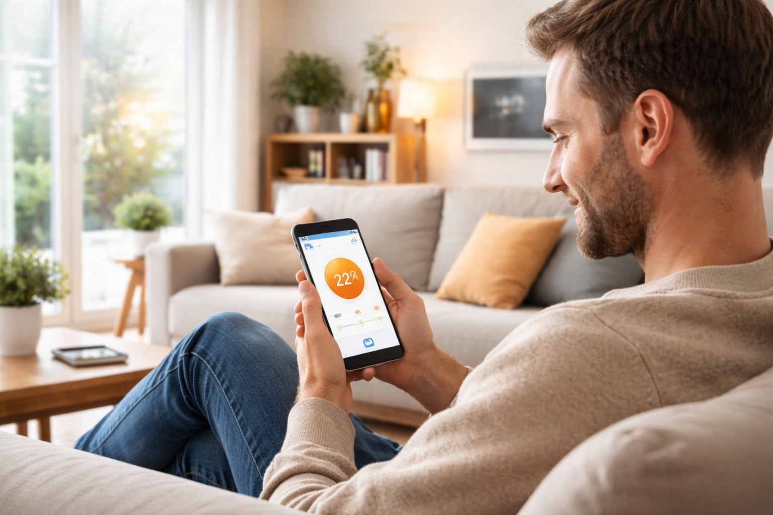 Thermostat connecté affichant la température de confort d'un logement bien isolé après travaux de rénovation thermique