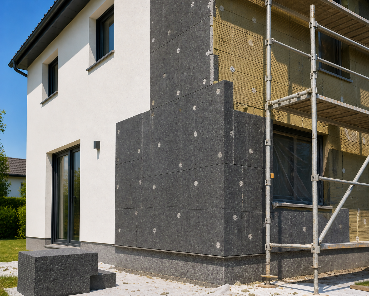 Isolation thermique par l'extérieur (ITE) d'une façade de maison individuelle - travaux réalisés par un artisan RGE Qualibat éligibles MaPrimeRénov' et CEE