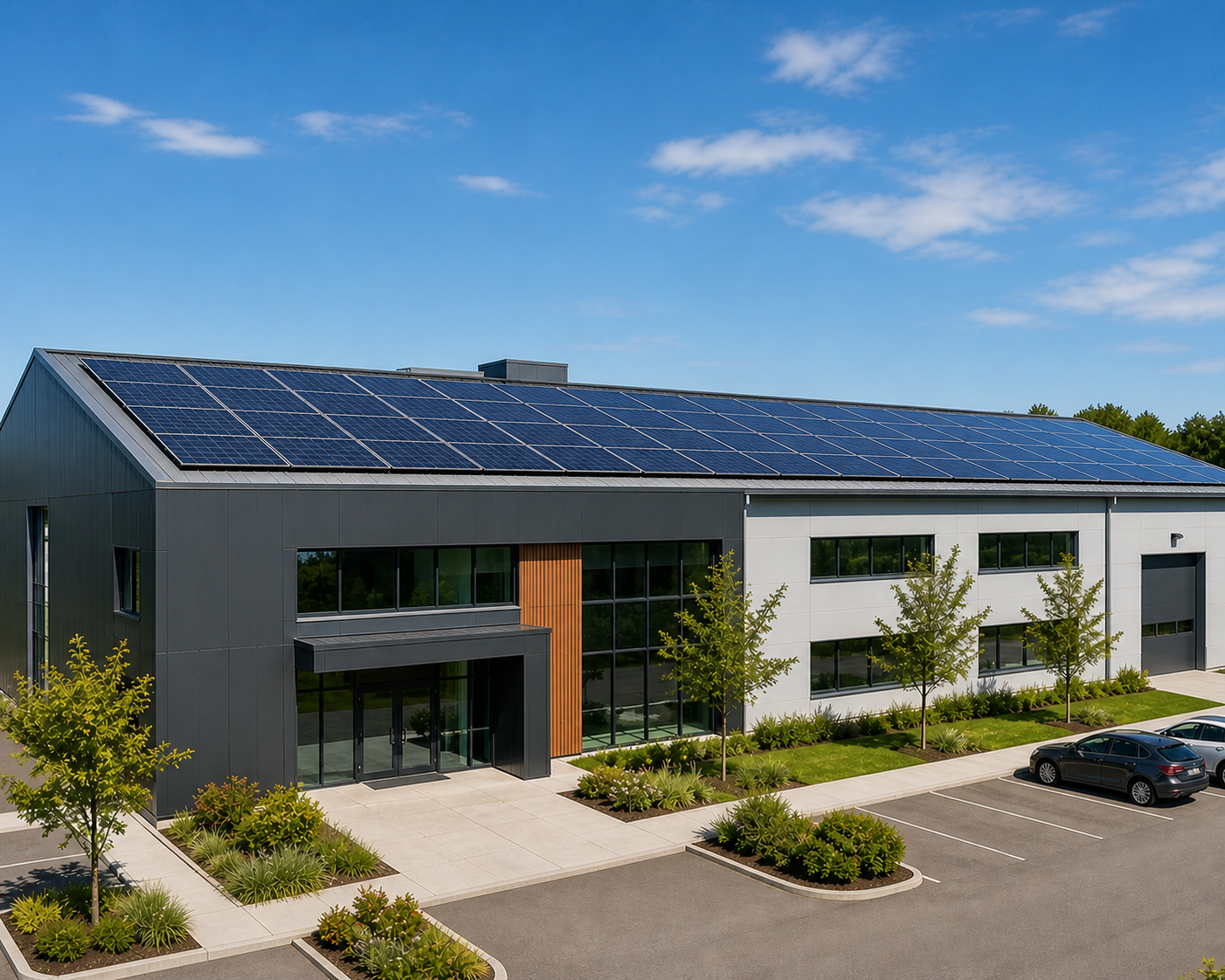 Centrale photovoltaïque sur toiture d'un bâtiment professionnel d'entreprise ou d'artisan - installation par un artisan RGE QualiPV pour autoconsommation et revente du surplus