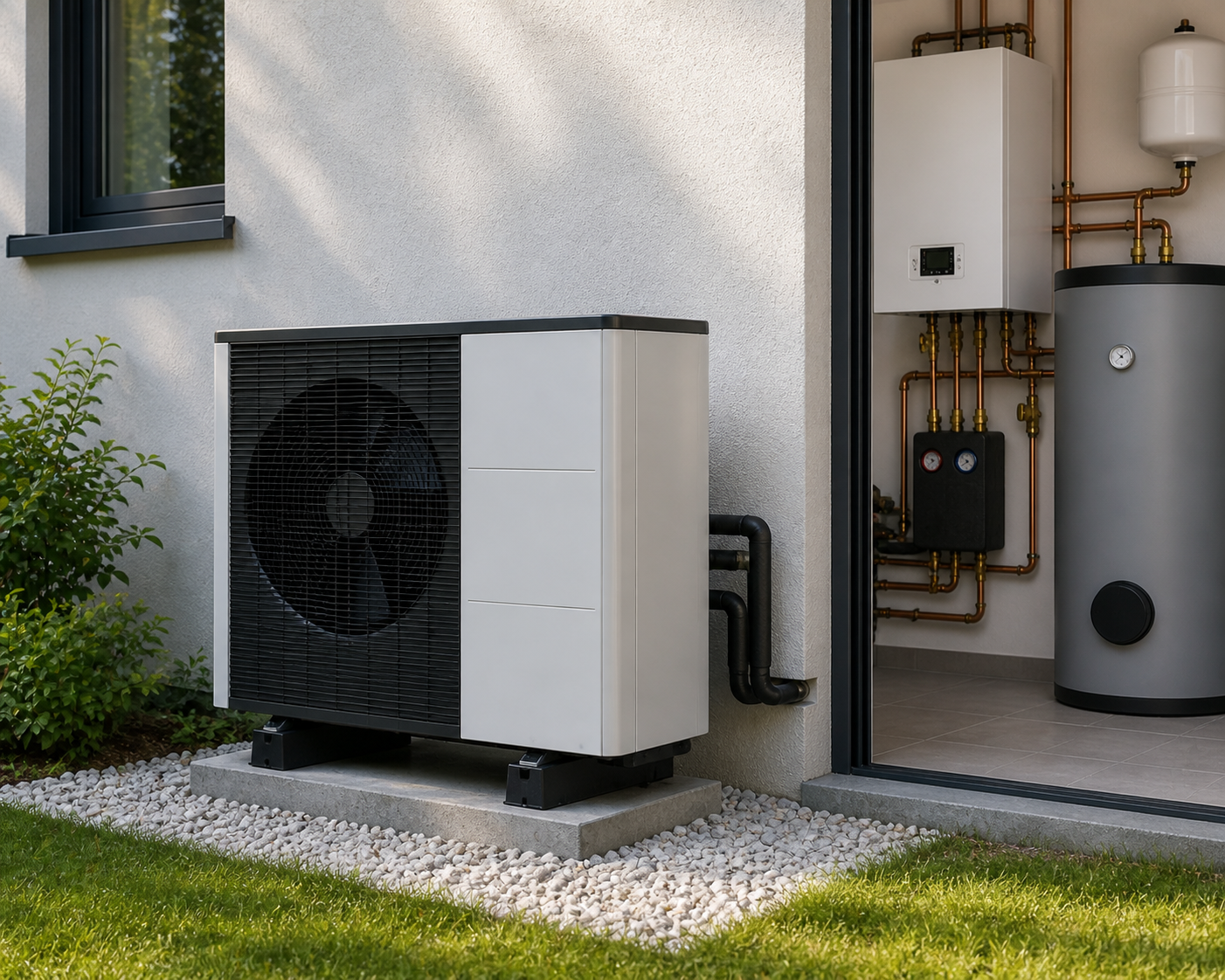 Pompe à chaleur air-eau installée par un artisan RGE QualiPAC dans une maison individuelle - chauffage et eau chaude sanitaire éligibles MaPrimeRénov' et CEE